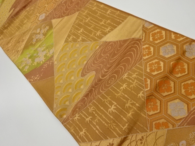 JAPANESE KIMONO / VINTAGE FUKURO OBI / WOVEN BAMBOO & STREAM WITH FLORAL PLANTS